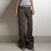 Aiertu - Vintage Pocket Women Y2K Jeans Streetwear Fashion Low Waisted Denim Pants Grunge Style Straight Trousers Harajuku Aiertu
