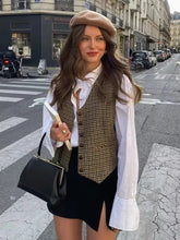 Aiertu - Sleeveless Single Button Houndstooth Vintage Vest for Women Autumn Spring Short V Neck Pockets Vest Waistcoat 2026 Aiertu