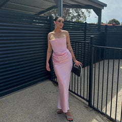 Aiertu - Winter Women Strapless Evening Dress 2025 Pink Maxi Corset Dress Elegant Long Satin Night Gala Party Dresses Aiertu