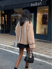 Aiertu - Women Contrasting One Button Lamb Woolen Coat Fashion Lapel Long Sleeves Short Plush Jacket Autumn Casual Lady Street Outwear Aiertu