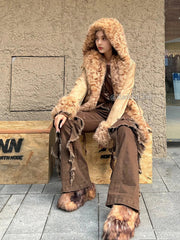 Aiertu - Western Punk Studded Women Flare Jeans Retro Brown Raw Edge Ruffle HemHigh Riuse Bootcut Pants Bell Bottoms Streetwear Aiertu