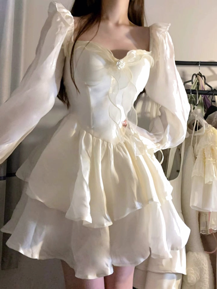 Aiertu 2025 Spring Pure Color French Fairy Mini Dress Y2k Party Slim One Piece Dress Korean Design Lace Sweet Sexy Women Dress Lolita Aiertu