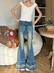 Aiertu - Y2k 2000s Distressed Bootcut Cake Pants Women Vintage Patchwork Plaid Whiskers High Waist Flare Jeans Kawaii Bell Bottoms Aiertu