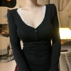 Aiertu - party look snspos Casual Slim Ribbed T-Shirt Women Button Up Lace Trim V Neck Long Sleeve Spring Autumn Vintage Basic Tees Aiertu