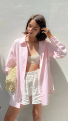 Aiertu - Chic Striped Women Shirt Loose 100% Cotton Shirts Tops Ladies Casual Lapel Oversized Lace Up Blouse Women Tops Blouse Aiertu