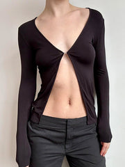 Aiertu -Solid V-Neck Split Slim Long Sleeve Top aiertu