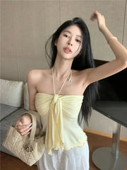 Aiertu - Sweet Hot Girl Sexy Knitted Halter Neck Top Women's Summer Slim Fit Backless Lace-up Strapless Vest Top Fashion Female Clothes Aiertu