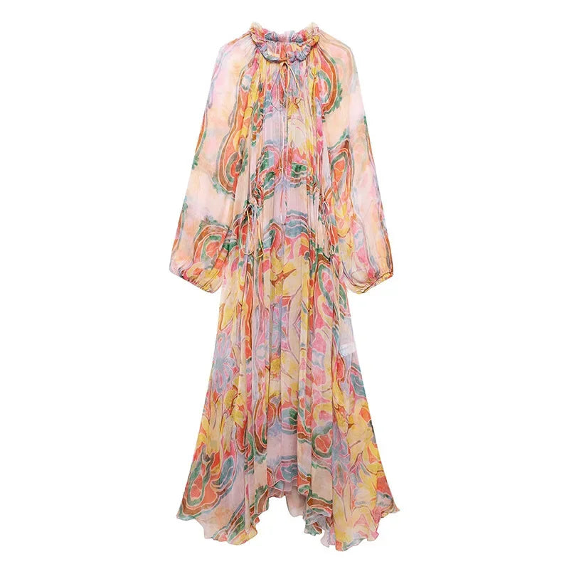 Aiertu - Fashion Print Tulle Lace Up Dress Women Loose O-neck Long Lantern Sleeve Pleated Female Dresses Summer Lady Colorful Robes Aiertu
