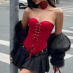Aiertu - Sexy Women Red Corset Top Cross Lace-up Y2K Skinny Strapless Tops Fashion Ladies High Street Tanks Clubwear Summer Aiertu
