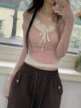Aiertu - summer inspo Sweet Y2K Lace Contrast Patchwork Slim Long Sleeve Pink T Shirt Women 2000s Cute Kawaii Clothes Aiertu