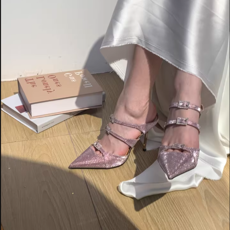 Aiertu Bling Bling Pink Pointed Toe Sandals Stiletto High Heels Strappy Rhinestone Buckle Slip On Cutouts Sexy Women Dress Slippers Aiertu