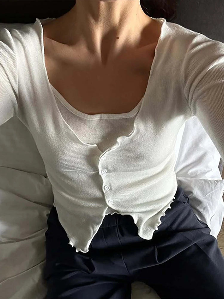 Aiertu - Knitted Fake Two-piece Cardigan Women Single Breasted O-neck Long Sleeve Slim Short Thin Sweater 2026 Summer Commute Coat Top Aiertu