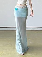 Aiertu -3D Floral Ruched Mesh Low-Waist Maxi Skirt aiertu