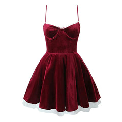 Aiertu - Lace Trim Wine Red Sling Mini Dresses For Women A-line Slim Birthday Party Dress Sexy Elegant Christmas Robe Aiertu