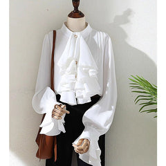 Aiertu Vintage White Shirts Women Elegant Ruffles Flare Long Sleeve Blouses Office Ladies Korean Single Breasted Design Chic Tops Aiertu