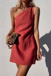 Aiertu Minimalism One Shoulder Linen Mini Dress Aiertu