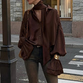 Aiertu - cold weather outfits Fashion Flare Sleeve Blouse Shirt with Scarf Y2K Women Vintage Brown Oversized T-shirt Casual Top Autumn Streetwear Aiertu