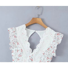 Aiertu - Summer Women Lace Embroidery Spliced Flying Sleeve V Neck Floral Print Mini Dresses Aiertu