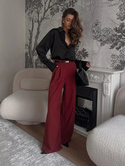 Aiertu - Burgundy Wide Leg Pants Women's Pocket Pleated Trousers Fashionable High Waisted Casual Loose Pants Spring Summer New Aiertu