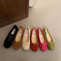 Aiertu - Fashion Elegant Velvet Ballerina Shoes Woman Design Shoes Velour Ballet Flats Ladies Retro Round Toe Bowknot Shallow Loafers Aiertu