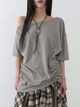 Aiertu - Solid Grey Loose Drawstring T-shirt Asymmetrical Off-shoulder Short Sleeve T Shirts Women Casual Summer Tees y2k Vintage Aiertu