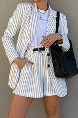 Aiertu - Casual Striped Pocket Without Belt Turn-back Collar Long Sleeve Two Pieces(No Belt) Aiertu