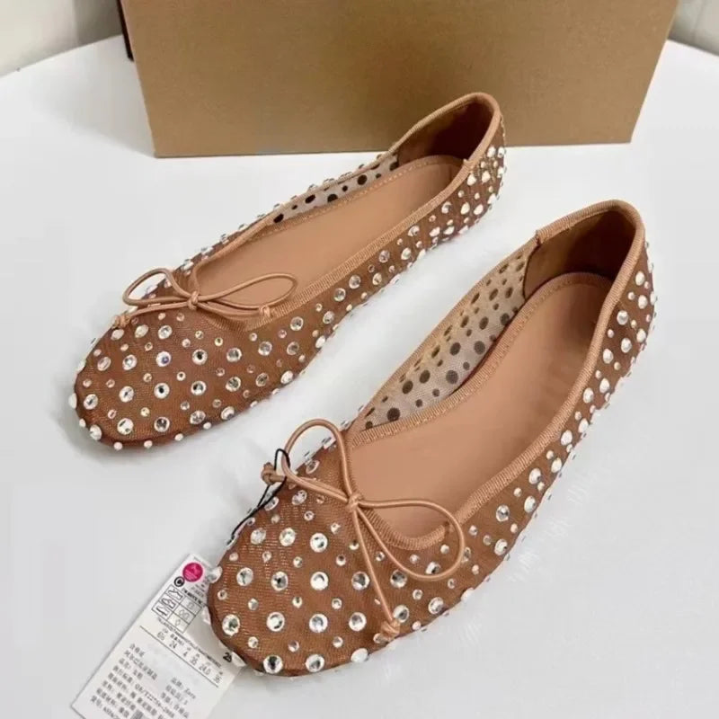 Aiertu - Luxury Rhinestones Women Shoes Spring Shallow Breathable Mesh Round Toe Bling Bowtie Elegant Ballet Flats for Female Aiertu