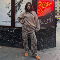Aiertu - Wild Spice Girls Street Leopard Print Plaid Personality Loose Casual Pants Niche Loose Straight Skinny Low Waist Pants Aiertu