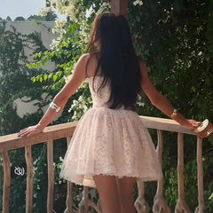 Aiertu - Pretty Girl Floral Print Mesh Strapless Mini Dresses Women Front Lace Up Bandage Birthday Party Dress French Bridesmaids Robe Aiertu