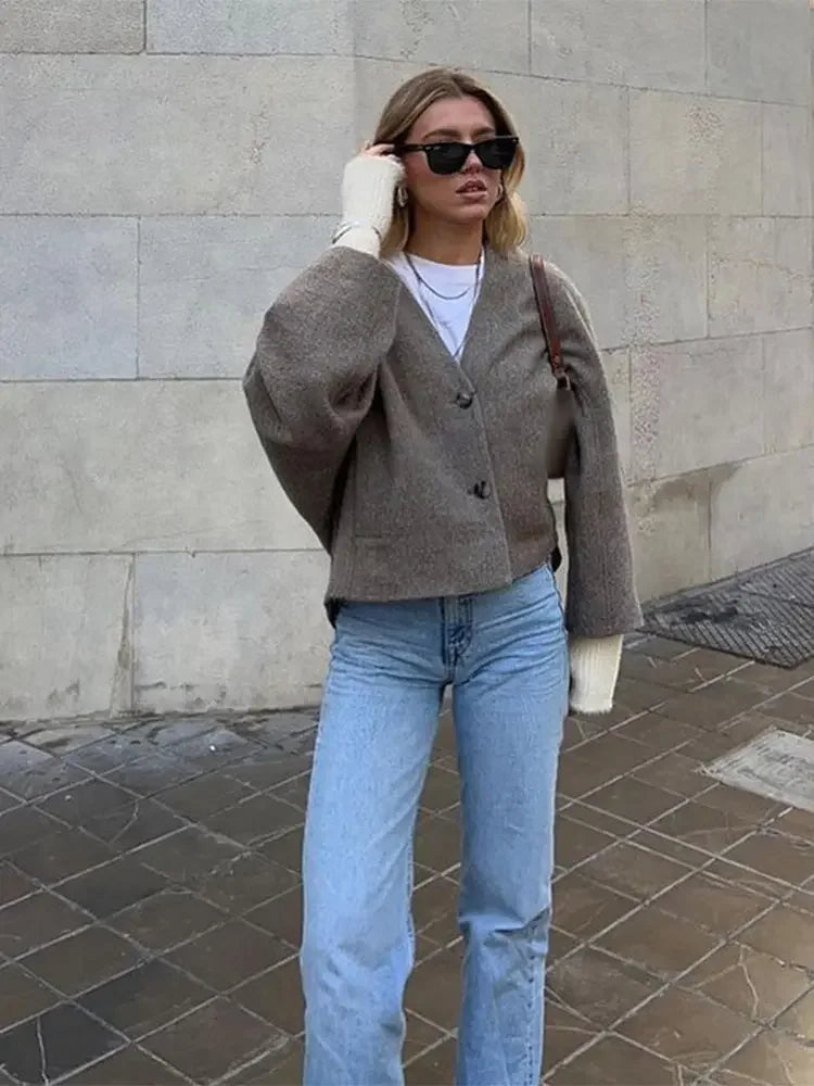 Aiertu - Chic Button Pockets V Neck Crop Jacket For Women Casual Solid Long Sleeves Short Coat 2026 New Autumn Lady Office Outerwear Aiertu