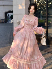 Aiertu - Elegant Sweet Pink Print Midi Dresses for Women Flower Square Collar Lantern Sleeve Lace Patchwork Long Dress Autumn Party Robe Aiertu