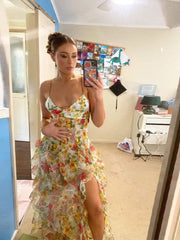 Aiertu - Printed Multi-layer Ruffled Split Long Dress Women's High Waist Backless Slim Zipper Sling Dresses 2026 Summer Holiday Sexy Robe Aiertu