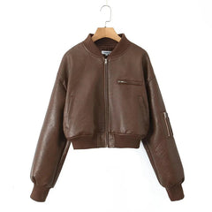 Aiertu - Lapel Cotton Leather Jacket Woman Short Retro Zipper Cardigan PU Jacket Solid 2025 Spring New female High Street Outwaer Aiertu