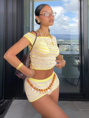 Aiertu - Sexy Summer Crochet Women 2 Piece Set Thin Beach Vacation Hollow Tank Tops+Shorts Stretch Matching Streetwear Outfits Aiertu