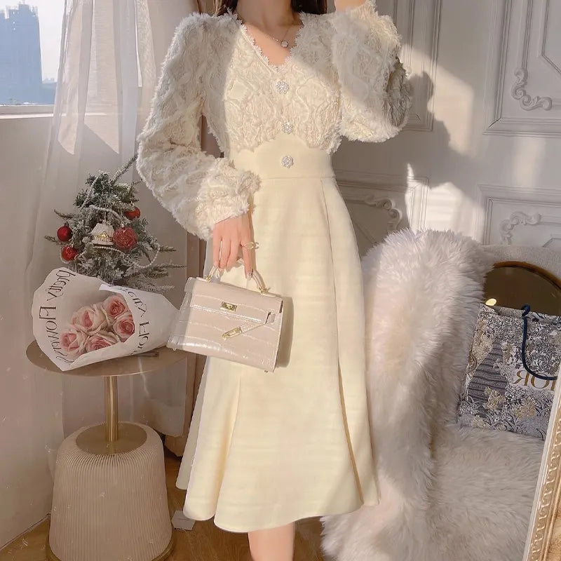 Aiertu Long White Dress Women French Vintage V-neck Lace Slim Y2K Dress Spring Korean One Piece Casual Evening Party Dress Aiertu