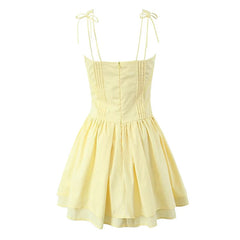 Aiertu - 2025 Women Front Lace Up Sling Mini Dress Summer Cotton A-line Slim Holiday Dresses Yellow White Robe Aiertu