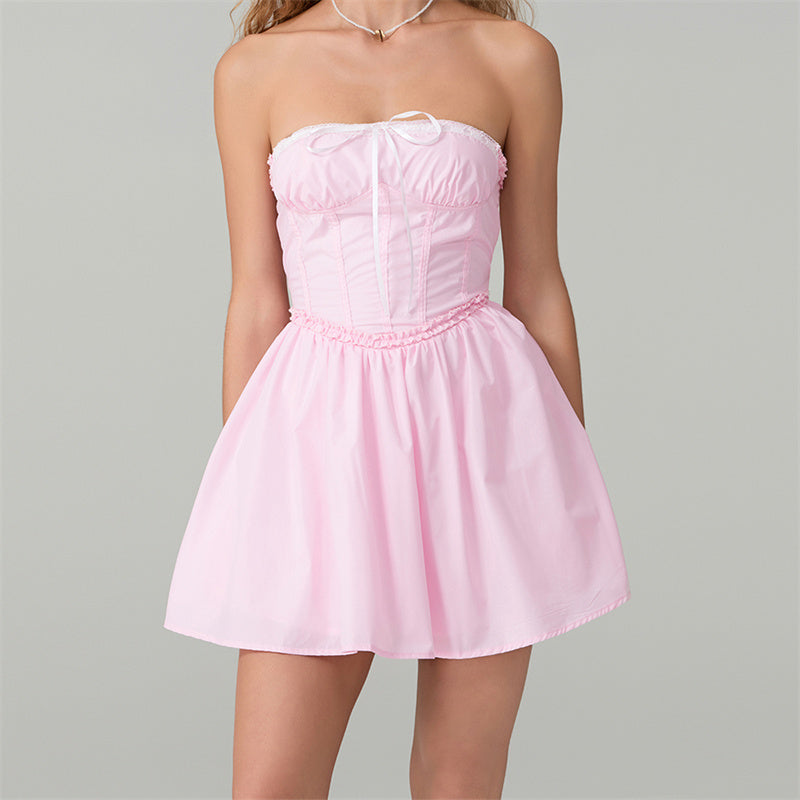 Aiertu Women's y2k Corset Mini Dress Pink Strapless Tie-up Front Lace Trim Tube Top Dress Short Party Going Out Dresses Aiertu
