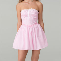 Aiertu Women's y2k Corset Mini Dress Pink Strapless Tie-up Front Lace Trim Tube Top Dress Short Party Going Out Dresses Aiertu