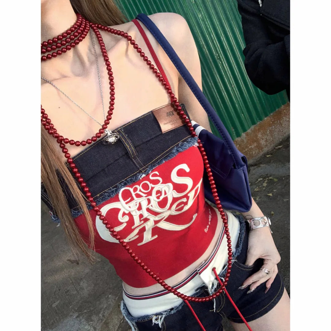 Aiertu - American retro splicing contrasting color red suspender vest women's summer babes hot pants shorts set Aiertu