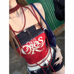 Aiertu - American retro splicing contrasting color red suspender vest women's summer babes hot pants shorts set Aiertu