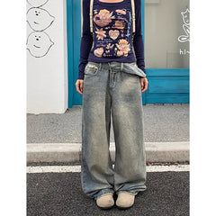Aiertu High Waist Womens Jeans Vintage Straight Baggy Print Pants Streetwear American Fashion Y2K Casual Wide Leg Denim Trouser Aiertu
