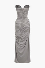 Aiertu - Solid Strapless Ruched Maxi Dress Aiertu