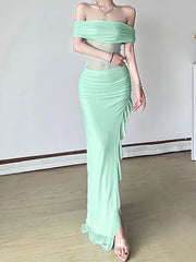 Aiertu -Asymmetric Ruffle Off Shoulder Maxi Dress aiertu