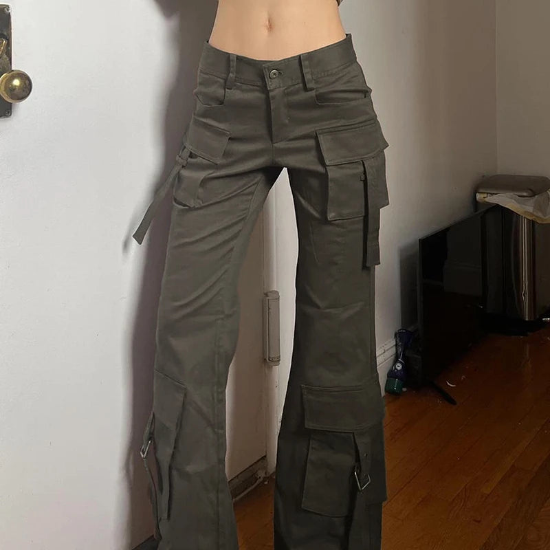 Aiertu - Grunge Style Women Y2K Jeans Low Rise Pocket with Buckle Cargo Pants Vintage Stylish Denim Trouser Fashion Streetwear Aiertu