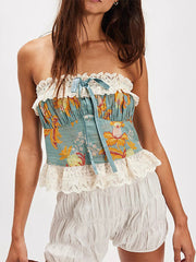 Aiertu Vintage Printed Ruffles Tube Top Women Sexy Sleeveless Slim Print Lace Bow Patchwork Cropped Tops Lady Summer Chic Streetwear Aiertu