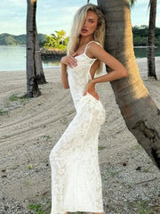 Aiertu - Women's Sexy Backless Summer Beach Dresses 2026 Female Sleeveless See-through Bodycon Long Evening Party Slip Dress White Black Aiertu