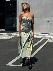 Aiertu - Sexy Square Collar Ruched Women Maxi Dress Green Spaghetti Strap High Waist Dress Female Summer Slim Elegant Streetwear Aiertu