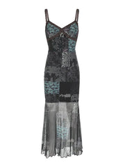 Aiertu -Vintage Asymmetrical Print Mesh Cami Maxi Dress aiertu