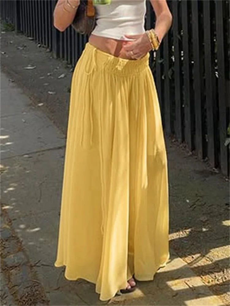 Aiertu - Summer Drawstring High Waist Long Skirt For Women Pleated Casual Patchwork Lace-Up See-Through Female Chiffon Maxi Skirt Aiertu