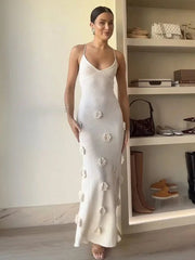 Aiertu - Elegant 3D Flower Knitted Long Dress Women Deep V-neck Spaghetti Strap Backless Sleeveless Beach Dresses 2025 Summer Lady Robes Aiertu
